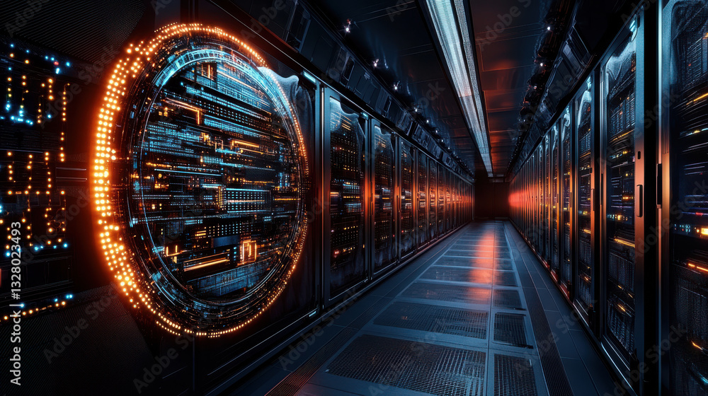 Futuristic data center server room with glowing digital interface and advanced technology