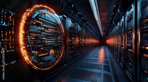 Obraz na płótnie Futuristic data center server room with glowing digital interface and advanced technology w salonie