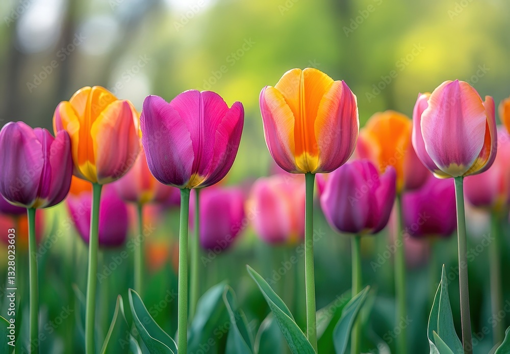 Obraz premium Vibrant Tulips in Bloom Showcasing a Colorful Display of Pink, Orange, and Yellow Blooms Amidst Lush Green Foliage in a Spring Garden Landscape