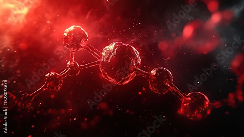 Red molecular structure in glowing, fiery backdrop