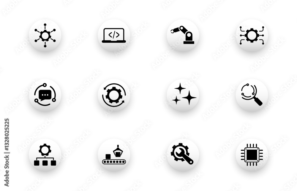 Naklejka premium Solid vector icons with automation, robotic arm, engineering technology, smart search symbols.