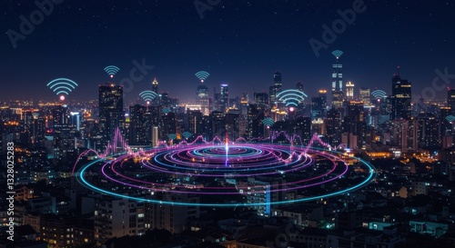 A vibrant city skyline at night with illuminated skyscrapers and a starry sky. Wi-Fi signals radiate in colorful waves, showcasing digital connectivity in urban life.