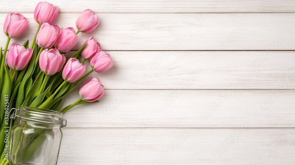Fototapeta premium Pink Tulips on White Wooden Background