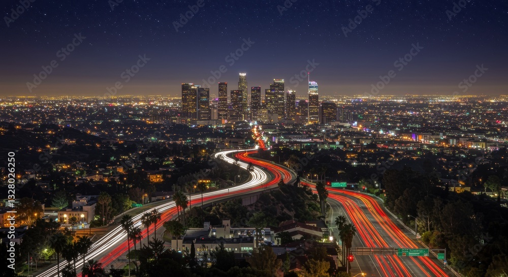 Fototapeta premium A stunning city skyline at night, glowing with thousands of lights. Car headlights create lively streaks on winding roads, while a starry sky enhances the urban charm.