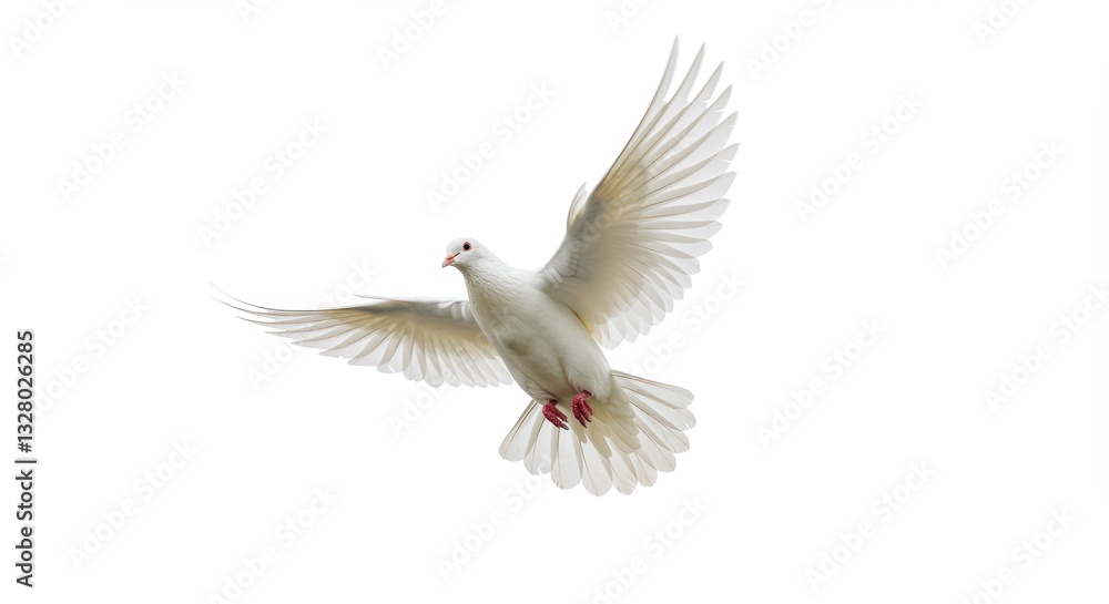 Obraz premium A graceful white dove soaring through the air, showcasing its elegant wings spread wide. This image captures the essence of freedom and peace, ideal for themes of love and spirituality.
