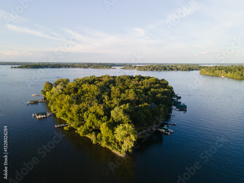 Forest-Covered Island in Lake Minnetonka: Aerial View on a Serene Summer Day