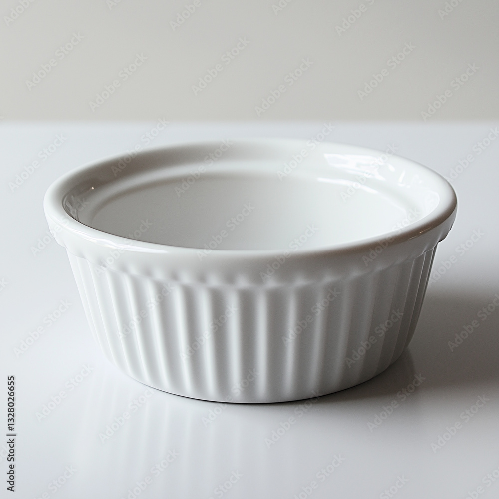 White ceramic ramekin on a white surface, elegantly prepared for culinary creations and artistic presentations White ceramic ramekin on a white surface, elegantly prepared for culinary creations and artistic presentations