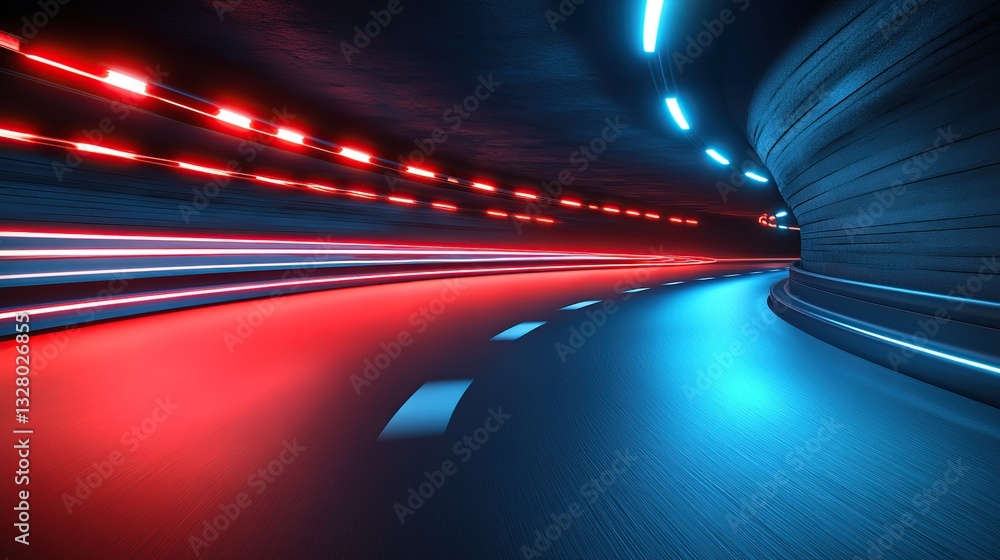 Fototapeta premium Neon-lit tunnel road, speed effect
