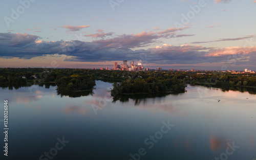 Lake view with Minneapolis skyline at dusk in Minnesota