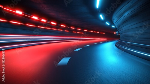 Fototapeta Naklejka Na Ścianę i Meble -  Neon-lit tunnel road, speed effect