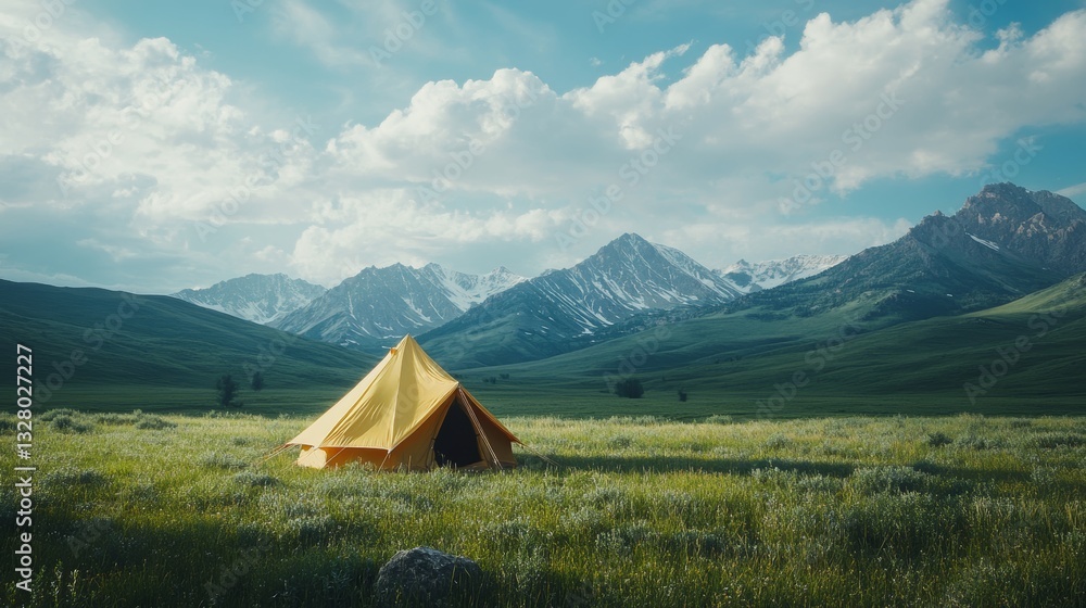 A bright tent placed in the middle of an expansive, protected natural area, with lush green meadows and towering mountain peaks in the distance A bright tent placed in the middle of an expansive, protected natural area, with lush green meadows and towering mountain peaks in the distance