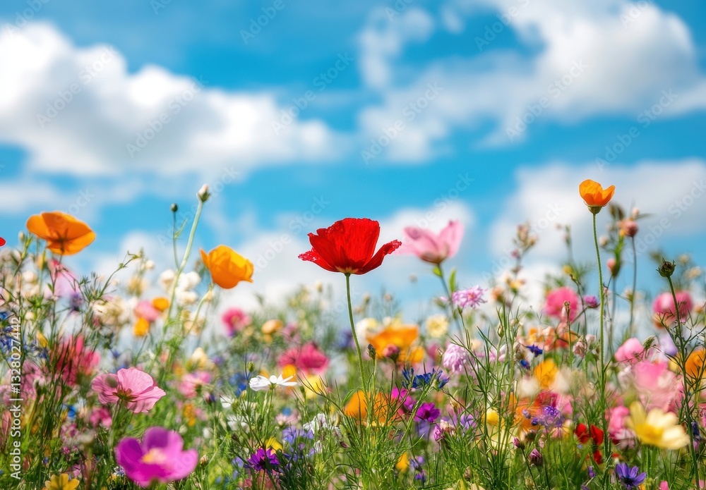 Fototapeta premium Vibrant Wildflower Meadow Under a Blue Sky with Fluffy Clouds, Featuring Colorful Blossoms in Various Shades and Textures Spreading Across the Landscape