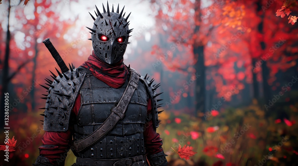 Spiky Masked Warrior in Autumn Forest With Red Leaves Background Spiky Masked Warrior in Autumn Forest With Red Leaves Background