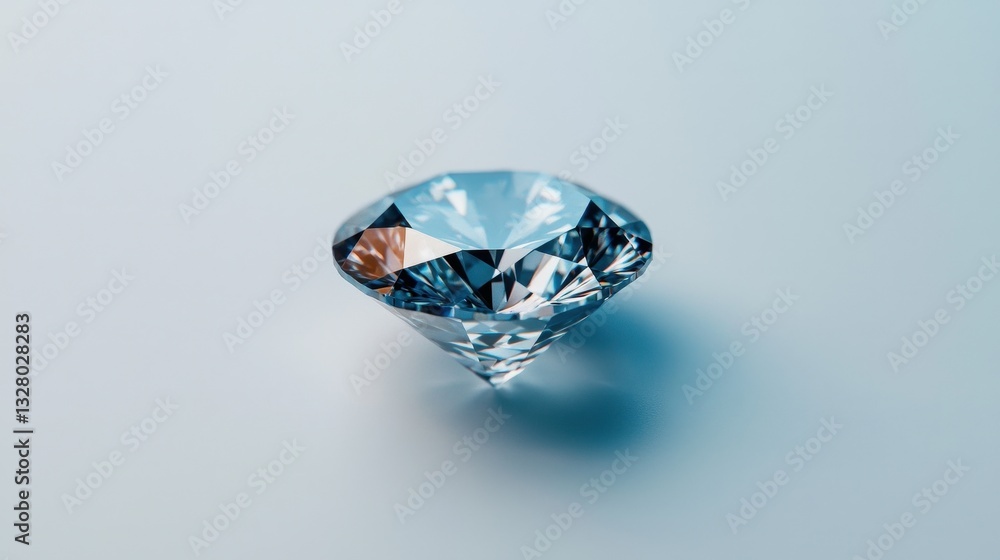 Sparkling Clear Diamond Reflecting Light on Soft Blue Background Sparkling Clear Diamond Reflecting Light on Soft Blue Background
