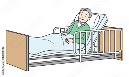 ベッドで横になる高齢男性と介護ベッドのイラスト
