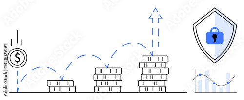 Coins stacking up demonstrate growth, with a shield securing value and a rising line graph. Ideal for finance, investments, savings, growth, security, success protection. Abstract line flat metaphor