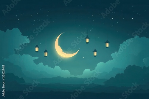 Magical Night Sky with Crescent Moon and Hanging Lanterns