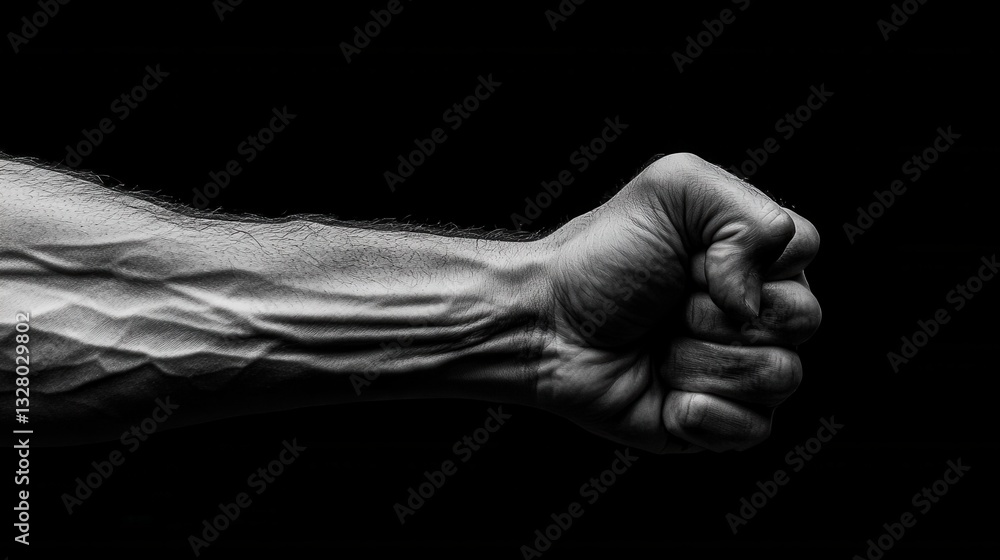 Black and White Image of Strong Arm with Clenched Fist in Darkness Black and White Image of Strong Arm with Clenched Fist in Darkness