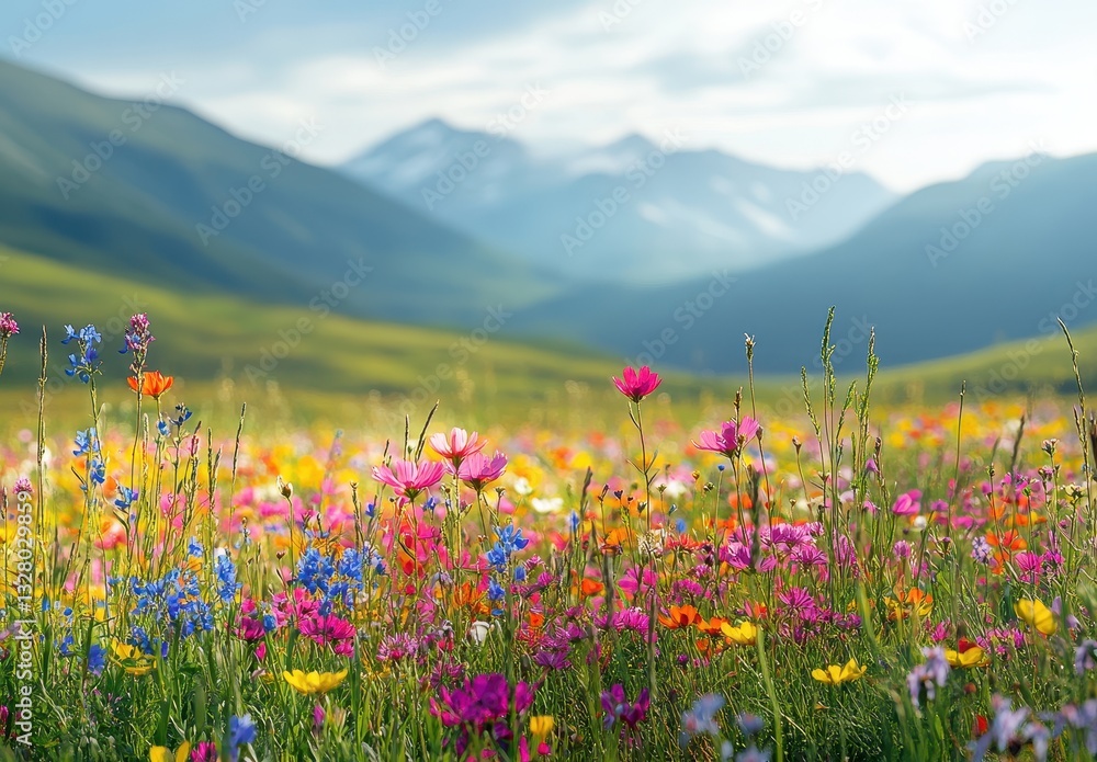 Obraz premium Vibrant Wildflower Meadow with Mountains in the Background Under a Bright Blue Sky and Soft Clouds Emphasizing Nature's Beauty and Serenity