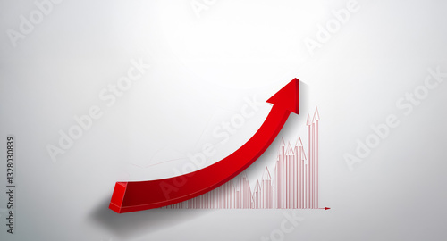 Red arrow curving upwards with bar chart in background, indicating growth and positive trend on a white backdrop. Showing progress. photo