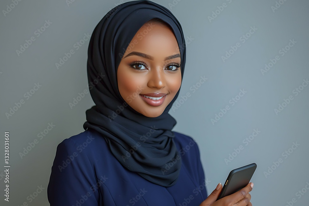 Smiling Woman in Hijab Using Smartphone Against a Gray Background Smiling Woman in Hijab Using Smartphone Against a Gray Background