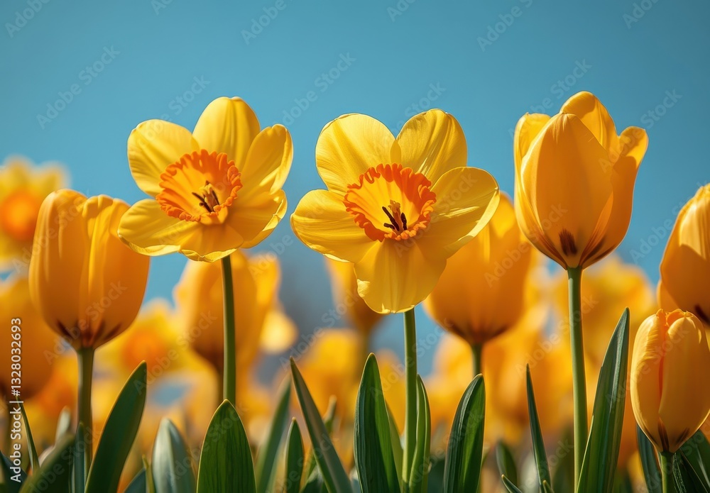 Obraz premium Vibrant Yellow Flowers with Bright Petals Under Clear Blue Sky in Sunlit Garden Setting Showcasing Nature's Beauty and Springtime Blooms