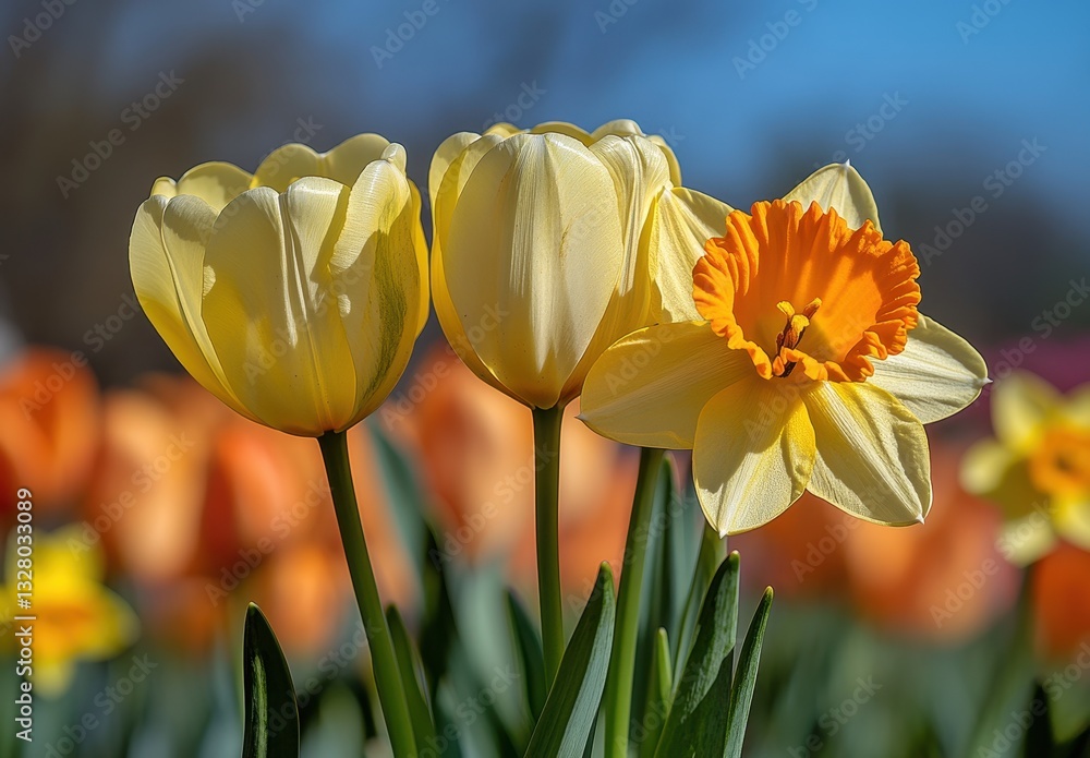 Obraz premium Vibrant Yellow Tulips and Daffodil Blooming in a Sunny Garden Setting Under Clear Blue Sky with Soft Focus Background of Colorful Tulips