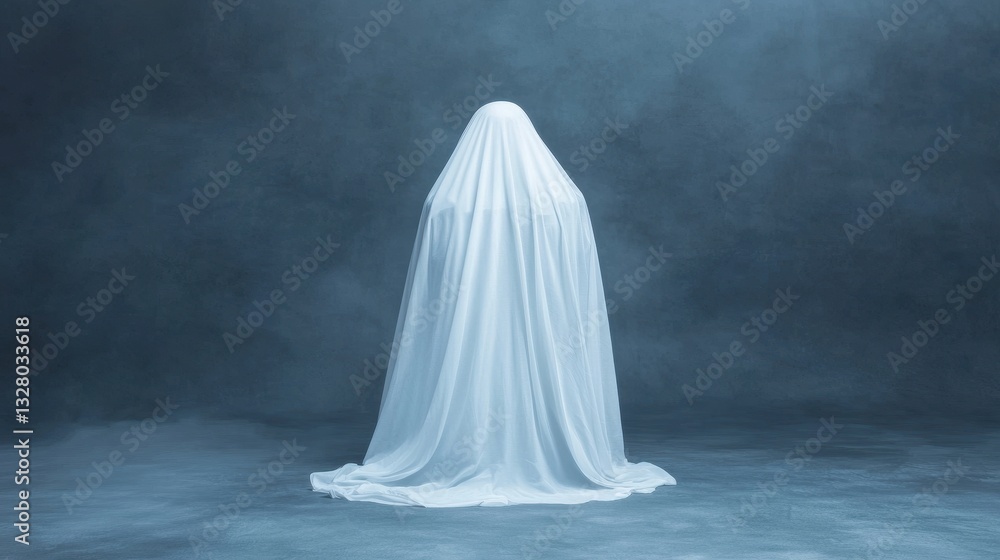 Ethereal Figure in White Fabric Against Mysterious Dark Background Ethereal Figure in White Fabric Against Mysterious Dark Background
