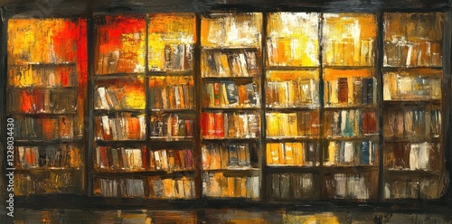 A vibrant oil painting of a brightly lit bookstore interior
