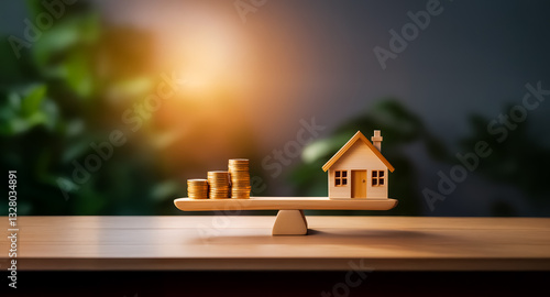 A balanced seesaw shows stacked coins outweighing a small house, symbolizing financial investment in property and the importance of financial stability for home ownership. photo