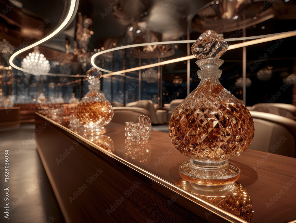 Obraz premium Ornate decanters filled with amber liquid line a luxurious bar, exuding sophistication and artistry.