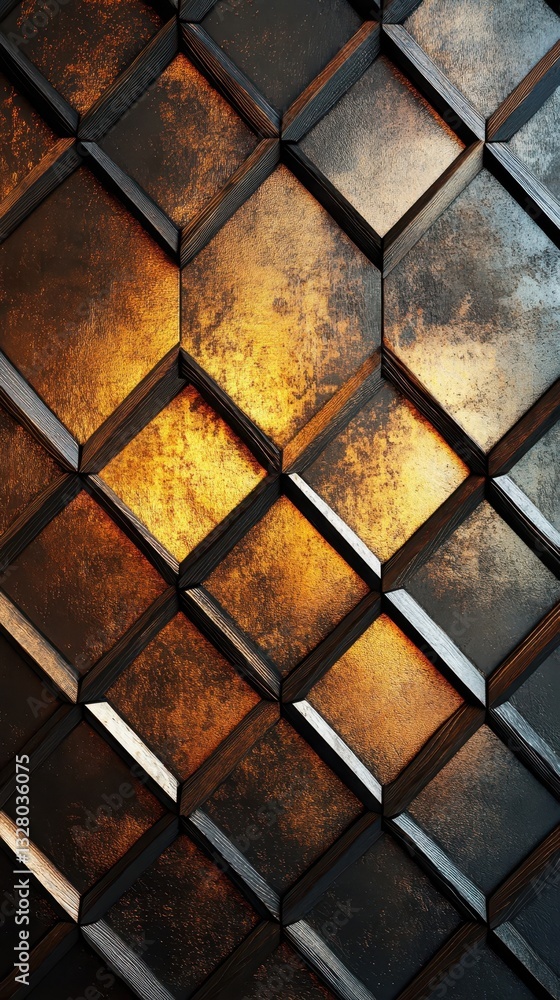 Geometric patterned wall of diamond shaped wooden tiles Geometric patterned wall of diamond shaped wooden tiles