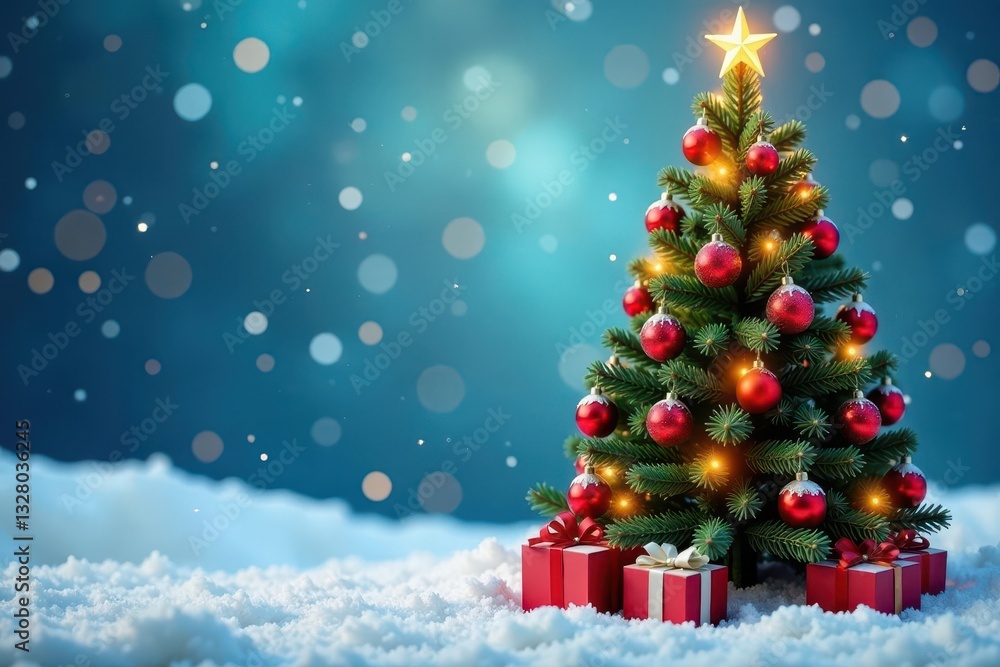 Perfectly decorated Christmas tree against snowy backdrop, snow, branches Perfectly decorated Christmas tree against snowy backdrop, snow, branches