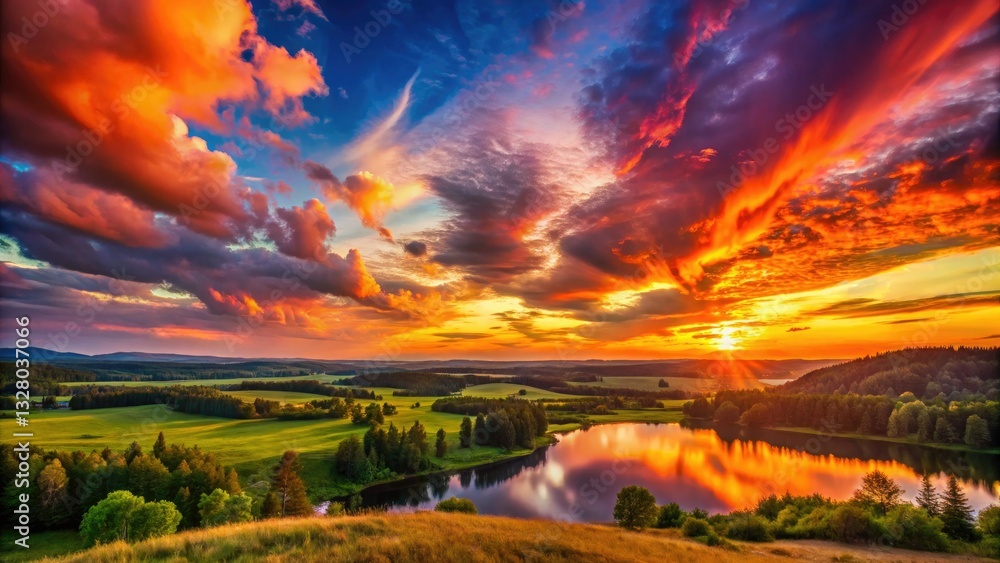 Obraz premium Dusk's colorful spectacle: a stunning sunset mirrored in the night's embrace.