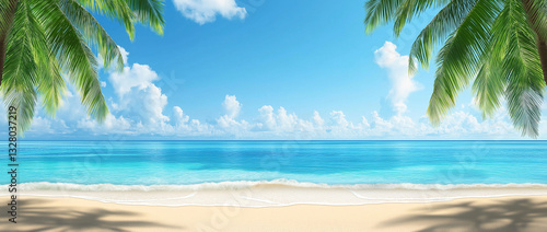 Beach with palm trees and a sea banner background