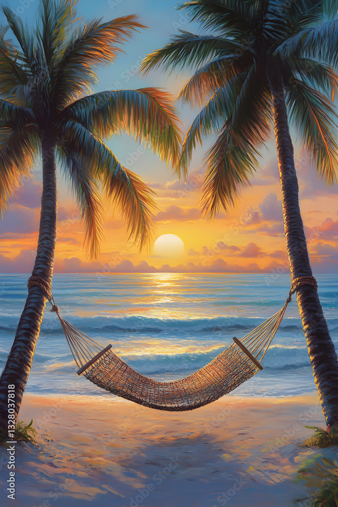 Obraz premium Sunset Serenity: Unwind in a Hammock Overlooking a Tranquil Ocean