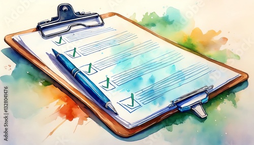 An artistic illustration of a clipboard with a checklist and a pen, surrounded by colorful watercolor splashes, symbolizing organization and productivity.