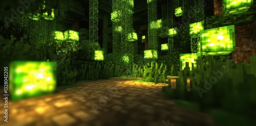 A voxelated forest path illuminated by glowing green lights in shadows