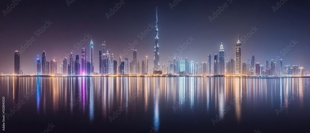 Fototapeta premium Dubai Skyline at Night: A Breathtaking Panorama of Modern Architecture and City Lights
