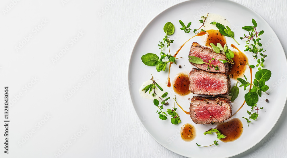 Sliced steak with herbs and sauce on white plate Sliced steak with herbs and sauce on white plate