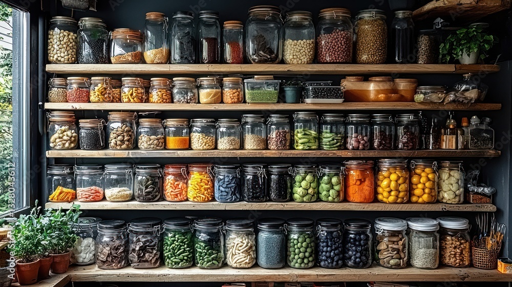 custom made wallpaper toronto digitalWell-organized pantry with various food items in glass jars on wooden shelves.