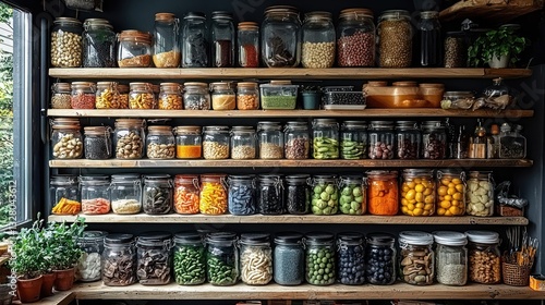 Wallpaper Mural Well-organized pantry with various food items in glass jars on wooden shelves. Torontodigital.ca