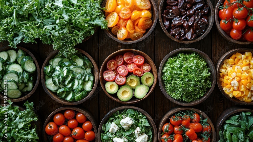 Overhead view of various fresh salad ingredients in bowls. Overhead view of various fresh salad ingredients in bowls.