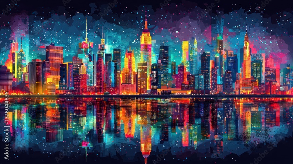 Fototapeta premium Vibrant NYC skyline reflected in water at night.