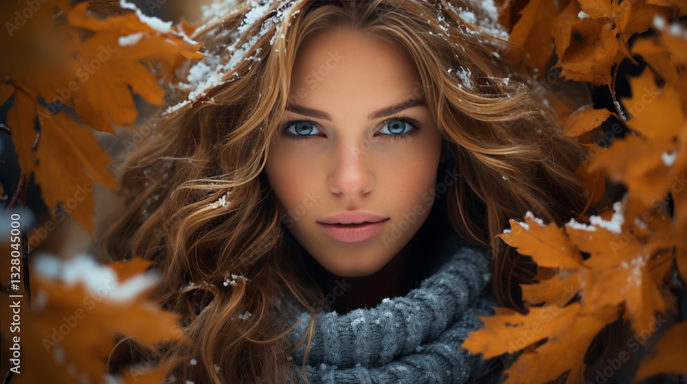 A young woman with long wavy hair surrounded by snow and autumn leaves, wearing a cozy scarf. A young woman with long wavy hair surrounded by snow and autumn leaves, wearing a cozy scarf.