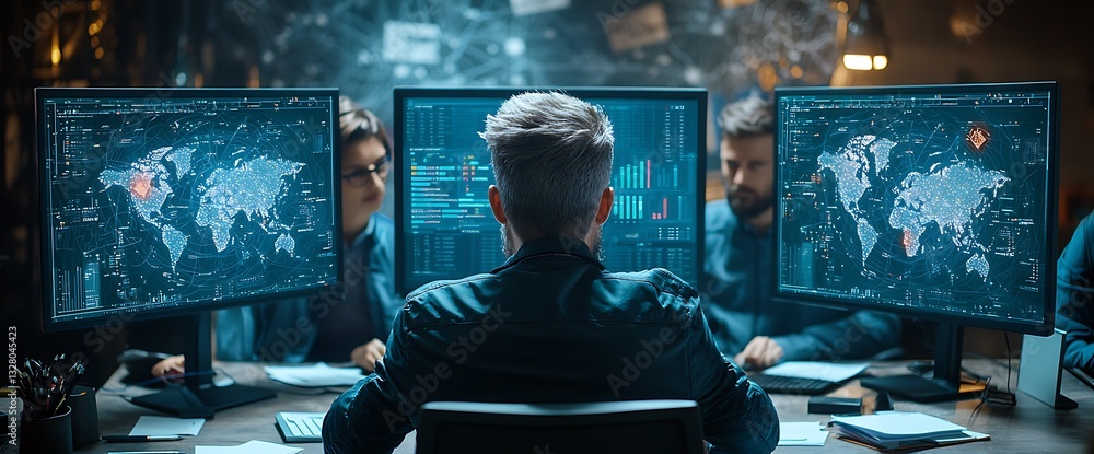 Obraz premium Cybersecurity Team Analyzing Global Data Network