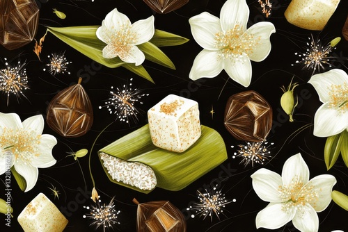 Beautiful floral pattern featuring flowers, leaves, and sweet treats