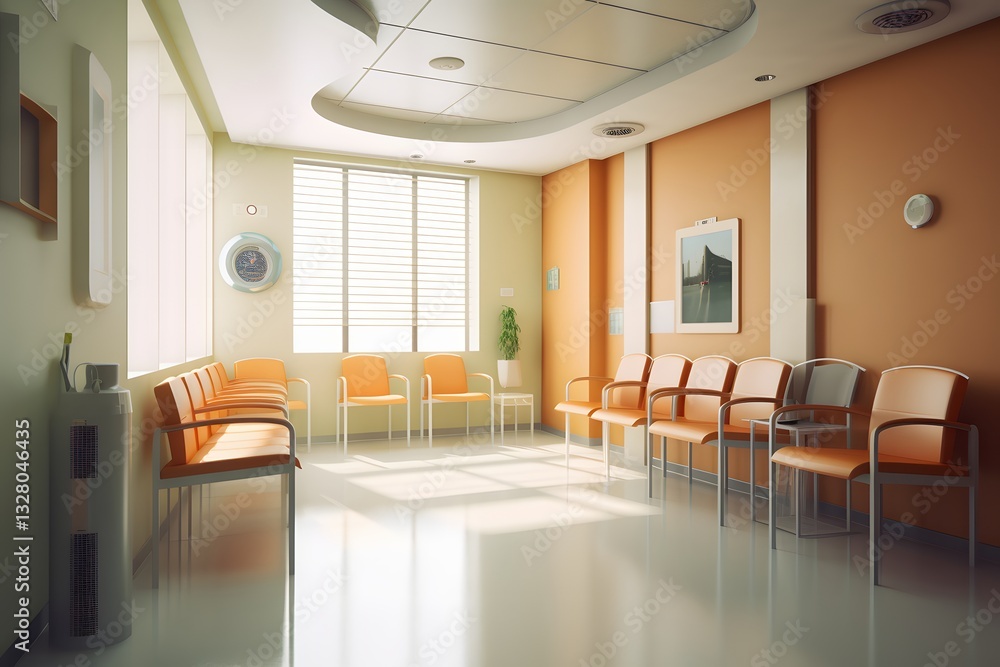 Fototapeta premium A modern hospital waiting room with white walls and blue chairs, bright lighting creating an atmosphere of calmness and healthcare. The focus is on the clean floor, showcasing its smooth texture and l