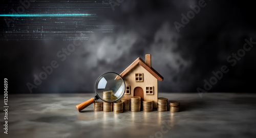 A miniature house model atop coin stacks is examined with a magnifying glass, symbolizing property investment and financial scrutiny in real estate.
