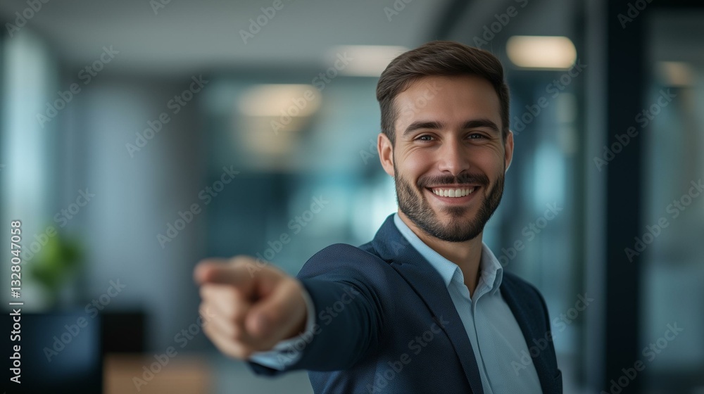 Confident Businessman Pointing Forward in Office Confident Businessman Pointing Forward in Office